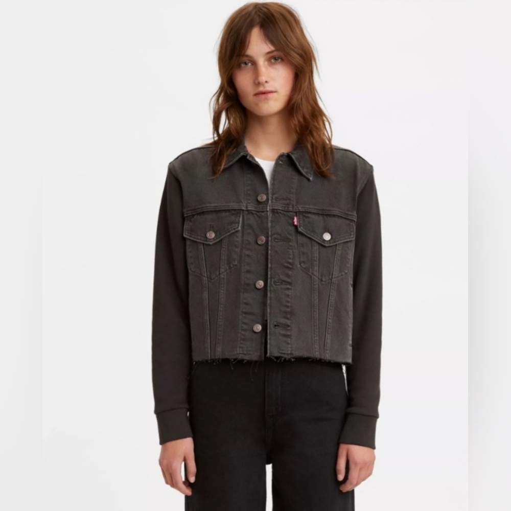 Levi’s EX-BOYFRIEND HYBRID TRUCKER Black Jean Jacket with Sweatshirt Sleeves